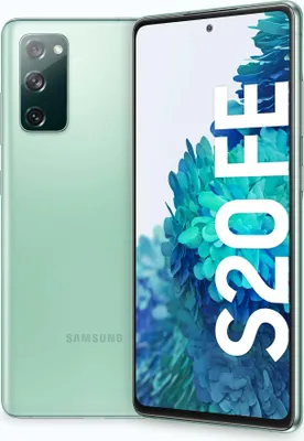 A mint green Samsung Galaxy S20 FE 5G smartphone is shown from the back and front.