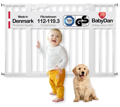 Imagen del producto de Barrera de seguridad para bebés y escaleras, extra ancha, ajustable de 112 a 119,3 cm, de metal, color blanco, para escaleras y puertas