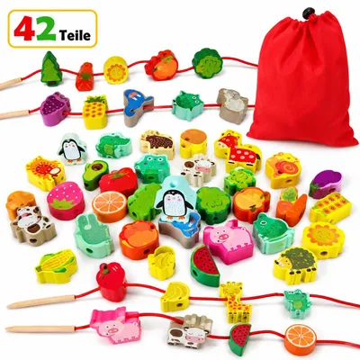 Produktbild von 42-teiliges Fädelspiel aus Holz für Kinder – buntes Motorikspiel mit Tieren, Obst & Gemüse, Lernspielzeug mit Schnüren, Stäben & Aufbewahrungsbeutel