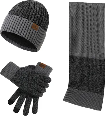 Obrázek produktu pro sada 3 kusů zimních čepic, šál a rukavic, dvoubarevný horizontální design / tmavě šedá