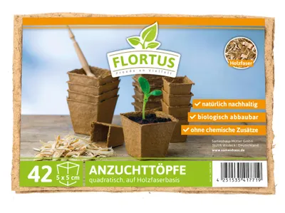 Produktbild von 5 x 5 cm Anzuchttopf quadratisch auf Holzfaser Basis | Anzuchttöpfe von FLORTUS, Menge (Stück):42 Stück