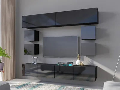Produktbild von Wohnwand CALABRINI-16 Wohnzimmer-Set Hängewohnwand Schrankwand Schrank TV-Schrank Moderne Anbauwand Hochglanz (Schwarz)