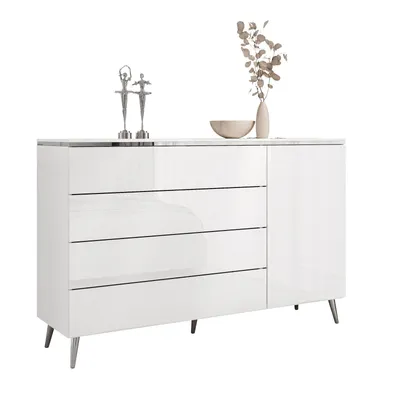 A white dresser with four drawers and a cabinet on the right, displayed on a white background. Decorative items are placed on top of the dresser.