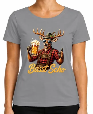 Productafbeelding van Basst Scho Hirsch: Lederhosen, bier, Wiesn, traditionele kleding, dames T-shirt, grijs, maat S