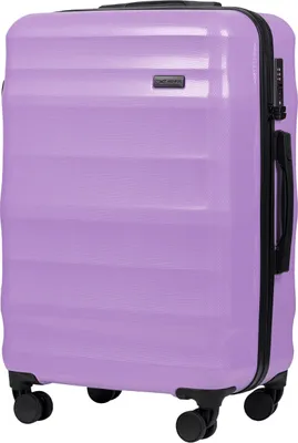 A studio shot of a purple suitcase.