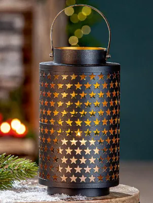 Productafbeelding van Gilde Laterne, zylindrisch, Estelar, Sternmuster, Metall, schwarz, VE 3, D. 14 cm Höhe: 25.00 cm Durchmesser: 14.00 cm 60222
