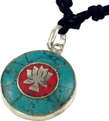 Produktbild von Tibetkette, Nepalschmuck, Amulett Türkis Lotus - Modell 4, Türkis, Messing, Ketten & Modeschmuck für den Hals