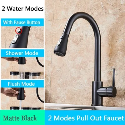 A black kitchen faucet with pull-out spray head, shown with text overlays describing its features and modes.