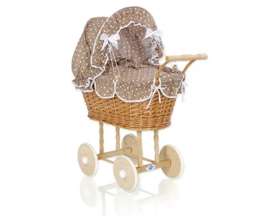 Produktbild von Wickelwagen für Puppen mit braunen Details und hochwertigem Holzuntergestell handgefertigt aus natürlicher Weide inklusive Pup