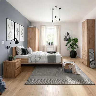 Produktbild von Jugendzimmer-Set mit Bett 90x200 cm & Kleiderschrank in Eiche, modern, 4-teilig - FORTALEZA-129