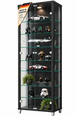 Produktbild von AGIONDA Standvitrine mit LED-Beleuchtung, Glasvitrine und Sammlervitrine mit 7 verstellbaren Glasböden, 172 cm, Schwarz