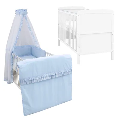 Produktbild von Baby-Delux Babybett Kinderbett Natalie Umbaubar 140x70 Weiß Beißschienen Bettset Komplett mit Motiv Royal Rüsche Blau