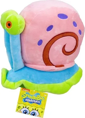 A plush toy of Gary the Snail from SpongeBob SquarePants, with a product tag attached.