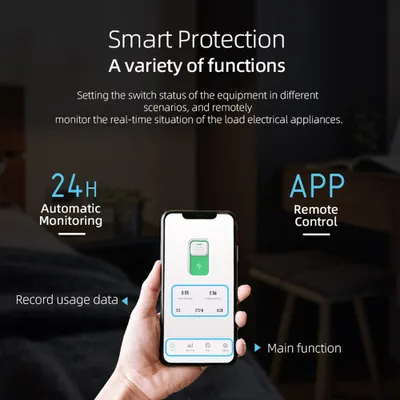 Obrázok produktu pre Tuya WiFi Inteligentný istič Bezdrôtové diaľkové ovládanie Prepínač Mobilný telefón APP Diaľkové ovládanie Zobrazenie inteligentného domáceho ističa Odpočítavanie slučky Časové režimy s meraním Kompatibilné s Alexa Home Voice Control