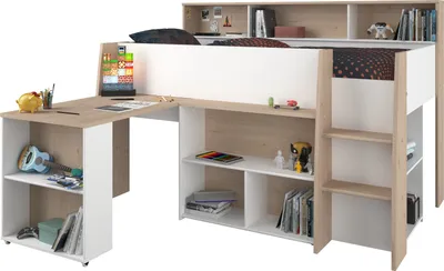 Produktbild von Parisot Hochbett "Lucas" in weiß und Eiche, mit Stauraum, Schreibtisch und Lattenrost