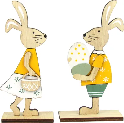 Produktbild von 2-teiliges Set Dekofiguren Osterhasenpärchen - Osterdekoration – Tischdekoration aus Holz - 15cm x 5cm x 0,5cm (Ei und Korb)