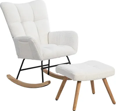 Produktbild von Ergonomické bílé houpací křeslo s podnožkou, pohodlné křeslo s područkami, výška 92 cm, šířka sedáku 65 cm, robustní rám z kaučukového dřeva, nosnost do 113 kg