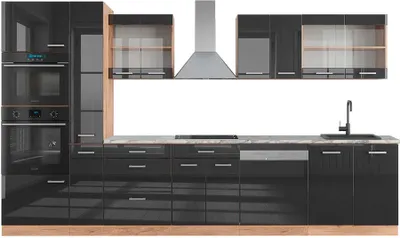 Produktbild von Küchenzeile Vicco R-Line Anthrazit Hochglanz/Goldkraft Eiche 350 cm mit Hochschrank, AP Marmor, Model 49470