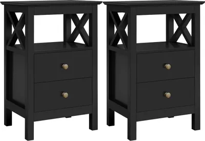 Produktbild von Yaheetech 2er Set Nachttisch Nachtschrank mit 2 Schubladen und 1 Offene Ablagefach Nachtkommode X-förmige Stütze Couchtisch Beistelltisch aus Holz Sofatisch für Schlafzimmer, 40 × 30 × 60 cm Schwarz