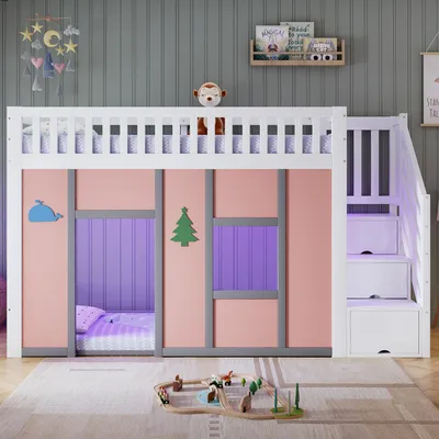 Productafbeelding van Merax Stapelbed, hoogslaper, 90x200 cm, met LED-verlichting en trap met opbergruimte. Halfhoogslaper met speelruimte en valbeveiliging. Kinderbed van grenen en MDF, roze