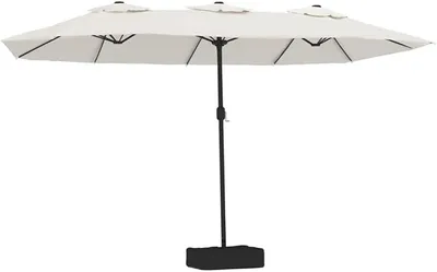 Image de Parapluie double XXL pour jardin, avec pied et manivelle, dimensions 449x265 cm. Parasol rectangulaire pour terrasse, en polyester et en fer, de couleur sable