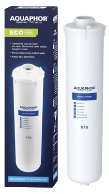A product shot of an Aquaphor water filter cartridge and its packaging.