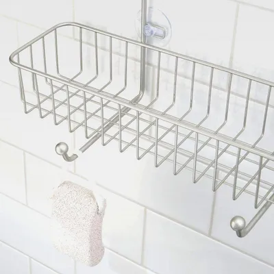 Produktbild von breiter Duschkorb ohne Bohren – Hängeregal aus rostbeständigem Metall für Shampoo, Duschgel etc. – Duschablage zum Hängen über den Duschkopf – mit 2 Körben und 2 Haken – mattsilber
