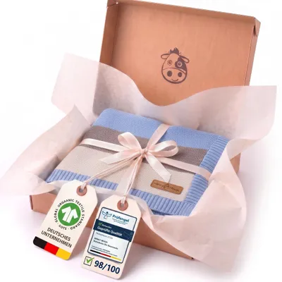 Produktbild von Minky Mooh® Babydecke 94x72 cm aus 100% Baumwolle – Kuscheldecke & Pucktuch für geborene – Blau/Grau/Weiß gestreift