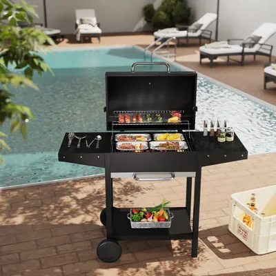 Produktbild von Livingandhome BBQ Holzkohlegrill mit Deckel, Thermometer, Seitenablagen und Rädern, 119x50x101cm, Schwarz