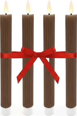Produktbild von Relaxdays LED Stabkerzen, 4er Set, HxD: 25 x 2 cm, flackernde Flamme, Echtwachs, Rillen, flammenlose Kerzen, coffee