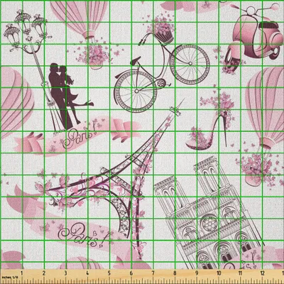 Produktbild von ABAKUHAUS Eiffel Microfaser Stoff als Meterware , Liebe in der Stadt Paris Französisch Braut Zusammensetzung romantische Reise Rosa Blüten, 10 M (230 x 1000 cm), Rose Schwarz Weiß