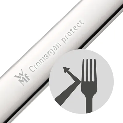 Close-up of a metallic utensil with text and a graphic icon.