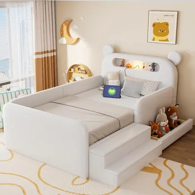 Productafbeelding van Kinderbed 90x200 cm met berenhoofd aan het hoofdeinde, nachtlampje, USB-oplaadpoort en geïntegreerde opbergruimte, kunstleer, wit, voor kinderkamers