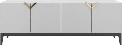 Produktbild von Demi Kommode Mit Gefrästen Fronten / Massive Buche / TV-Lowboard Mit 4 Türen / TV-Schrank Mit Dekorativen Fronten Und Goldgriffen / 200 Cm / Schwarze beine / Weiß