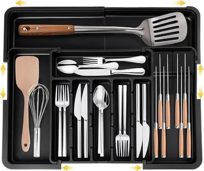 Produktbild von PolkaHome® Besteckkasten für Schubladen 56x48 cm, verstellbarer Organizer mit Messerblock, Besteckbox für Küchenschubladen