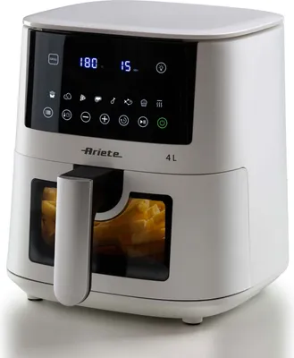 A white Ariete air fryer with a digital display and a window showing food inside.