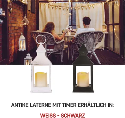 LED Dekoration – Laterne antik schwarz blinkend, 3x AAA, Innen, Vintage, Timer