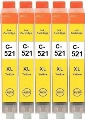 A row of five yellow and orange ink cartridges.