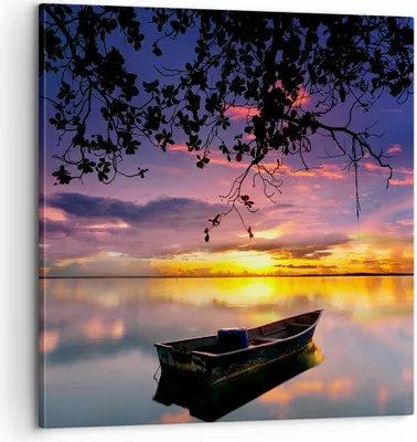Produktbild von Bild auf Leinwand - Leinwandbild - Boot Sonnenuntergang See Himmel - 60x60cm - Wand Bild - Wanddeko - Leinwanddruck - Bilder - Kunstdruck - Wanddekoration - Leinwand bilder - Wandkunst - AC60x60-2967