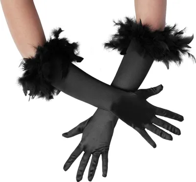 Produktbild von Lange Satin-Handschuhe mit Federn - schwarz