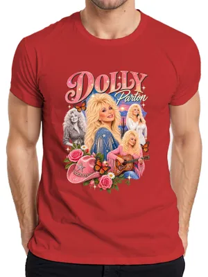 Obrázok produktu pre Tričko s potlačou: Dolly Parton, country speváčka, cowgirl, western, gitara, retro, pánske, červené, veľkosť XXL