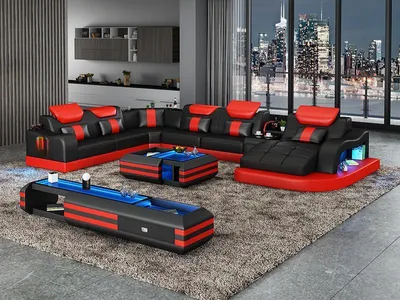 Zdjęcie produktu dla Sofa narożne, obita tkaniną, kształt U, stolik kawowy, komoda, sofa skórzana, zestaw wypoczynkowy