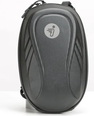A black, oval-shaped bag with a textured surface and a circular logo on the front.