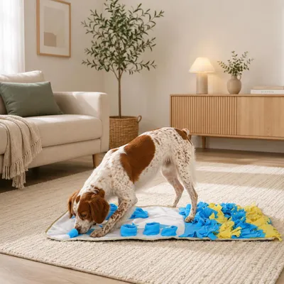 Produktbild von belviona Schnüffelmatte für Hunde, Intelligenzspielzeug zur Futtersuche, fördert Geruchssinn & Konzentration, 100x60 cm, gelb/blau, KI-generiertes Bild
