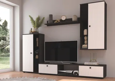 Produktbild von Wohnwand Salsa 2 Lamellenoptik Anbauwand Schrankwand MDF Weiss matt + Grau