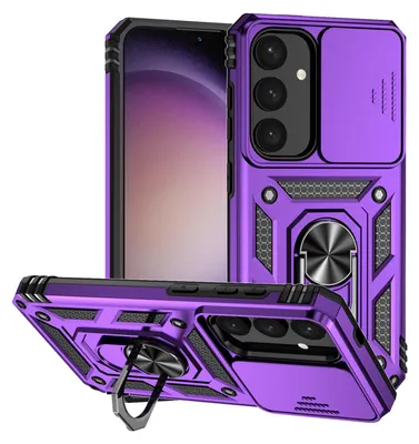 Immagine prodotto di Custodia per Samsung Galaxy S25 a doppio strato con copertura scorrevole della fotocamera e supporto ad anello Viola