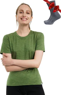 Productafbeelding van Dames T-shirt van 100% merinowol met korte mouwen, inclusief Wollen wandelsokken