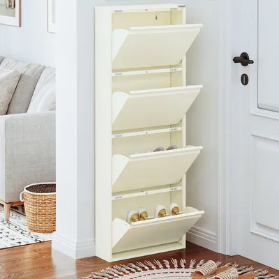 Produktbild von VEEHAUS Schuhregal Schmal Metall Schuhschrank Hoch Schuhkipper mit Magnetische Abdeckung Metall Montiert Schuhschrank Schmal und Wandmontage (Creme Farben, 4 Klappen)