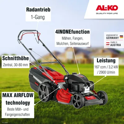 Produktbild von AL-KO Benzin-Rasenmäher Highline 51.9 SP-H (51 cm Schnittbreite, 3.2 kW Leistung, mit Radantrieb, zentrale Schitthöhenverstellung, Mulchfunktion, Seitenauswurf, für Rasenflächen bis 1800 m²)