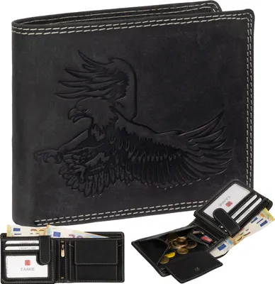 Produktbild von RFID Büffel Echt Leder Geldbörse Portemonnaie Herren mit geprägtem Motiv  Schwarz Querformat Adler